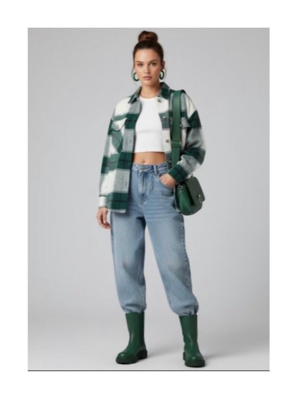 Avec Les Filles Green and White Buffalo Plaid Wool Shacket Size M